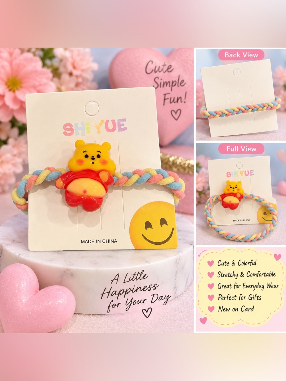 Cute Multicolor Braided Kids Hair Tie with Yellow Bear Charm